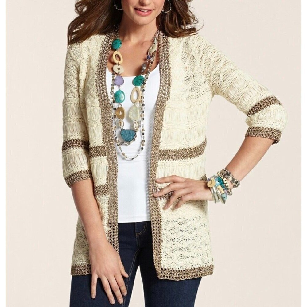 Chico's 0 Sz S Ivory Metallic Bronze Open Woven Stretch Crochet Cardigan Sweater